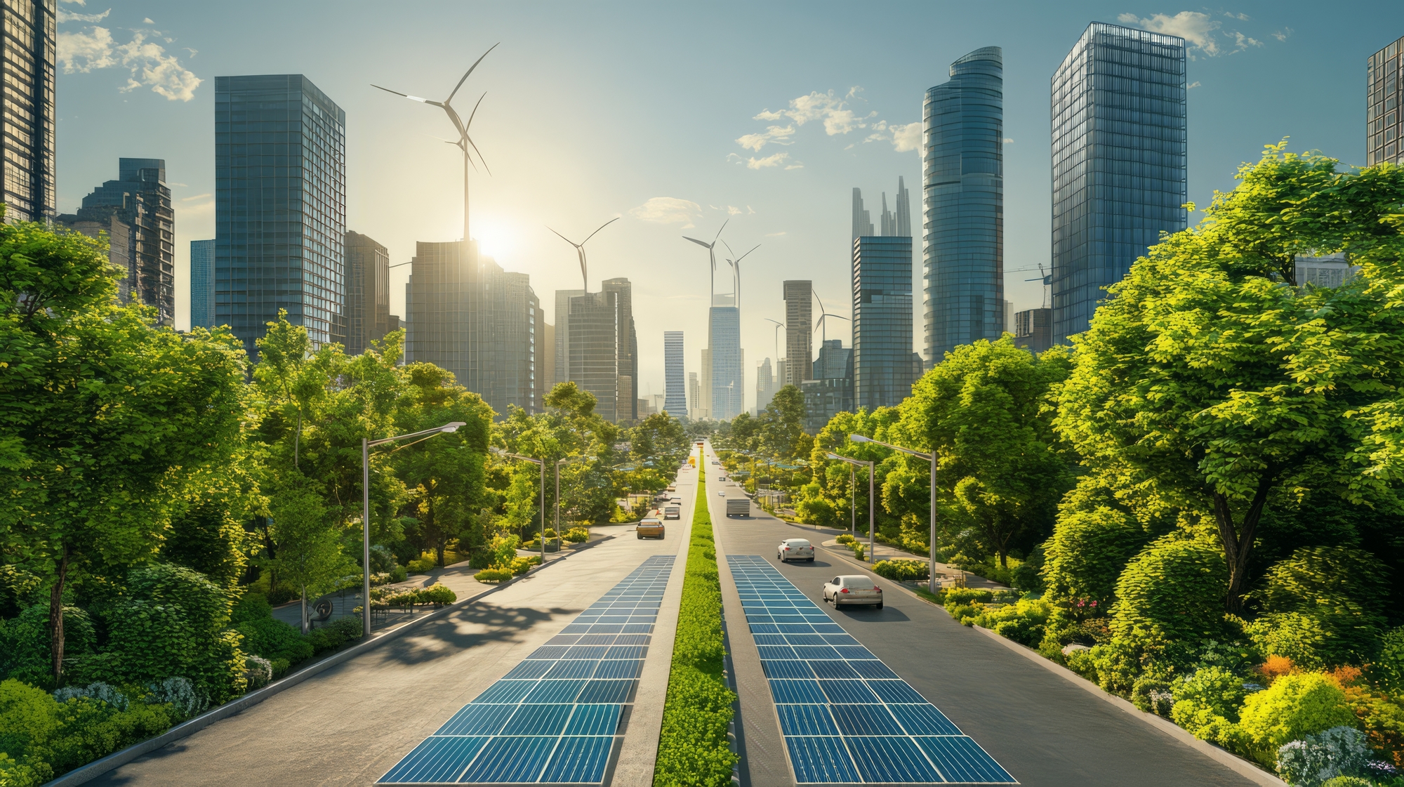 City with solar panels, skyscrapers, and wind turbines