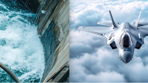 Geteiltes Bild mit Wasser und Militärflugzeug