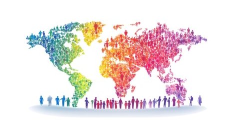 Weltkarte mit symbolischen Menschen in bunten Farben