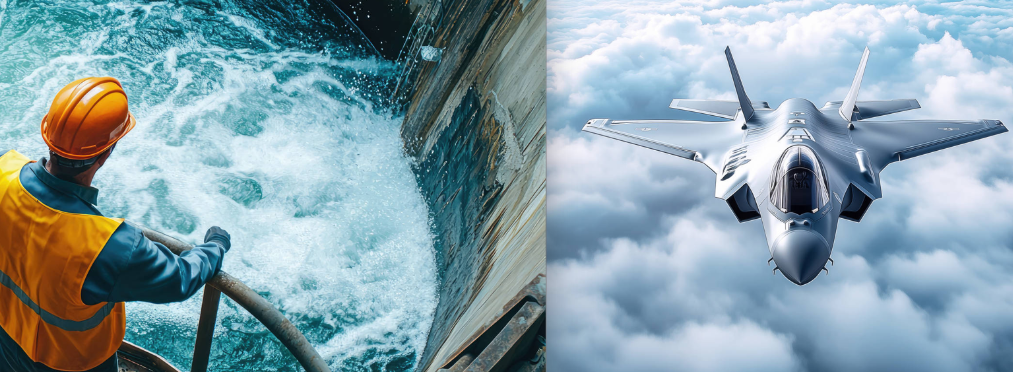 Geteiltes Foto von Mann, der in Wasserspeicher blickt und einem Militärflugzeug