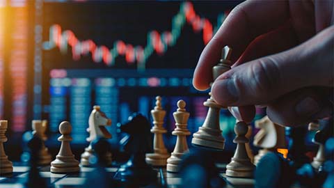 Symbol für die Deka Europafonds: Schach-Spiel vor Börsencharts